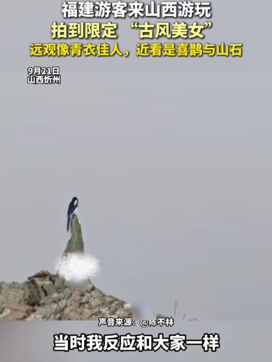 “简直太神奇了！”一位来自福建的游客到山西游玩时，远远看到山崖边立着一位身穿青衣