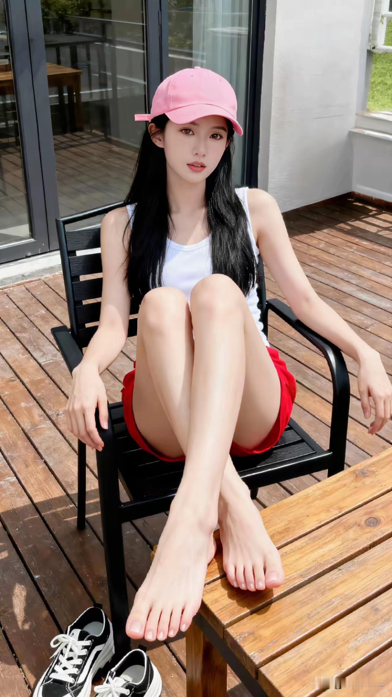 阳光明媚的午后，粉帽少女悠闲地坐在阳台上，享受着宁静的时光。美女的美丽体现在何处