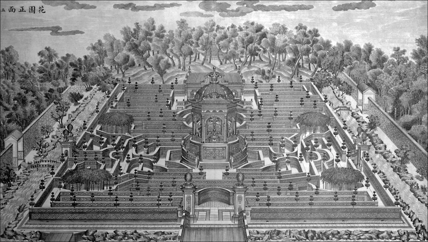 【圆明园-西洋楼】园林建筑组团的铜版画，花園正面五。由耶稣会顾问小组传...