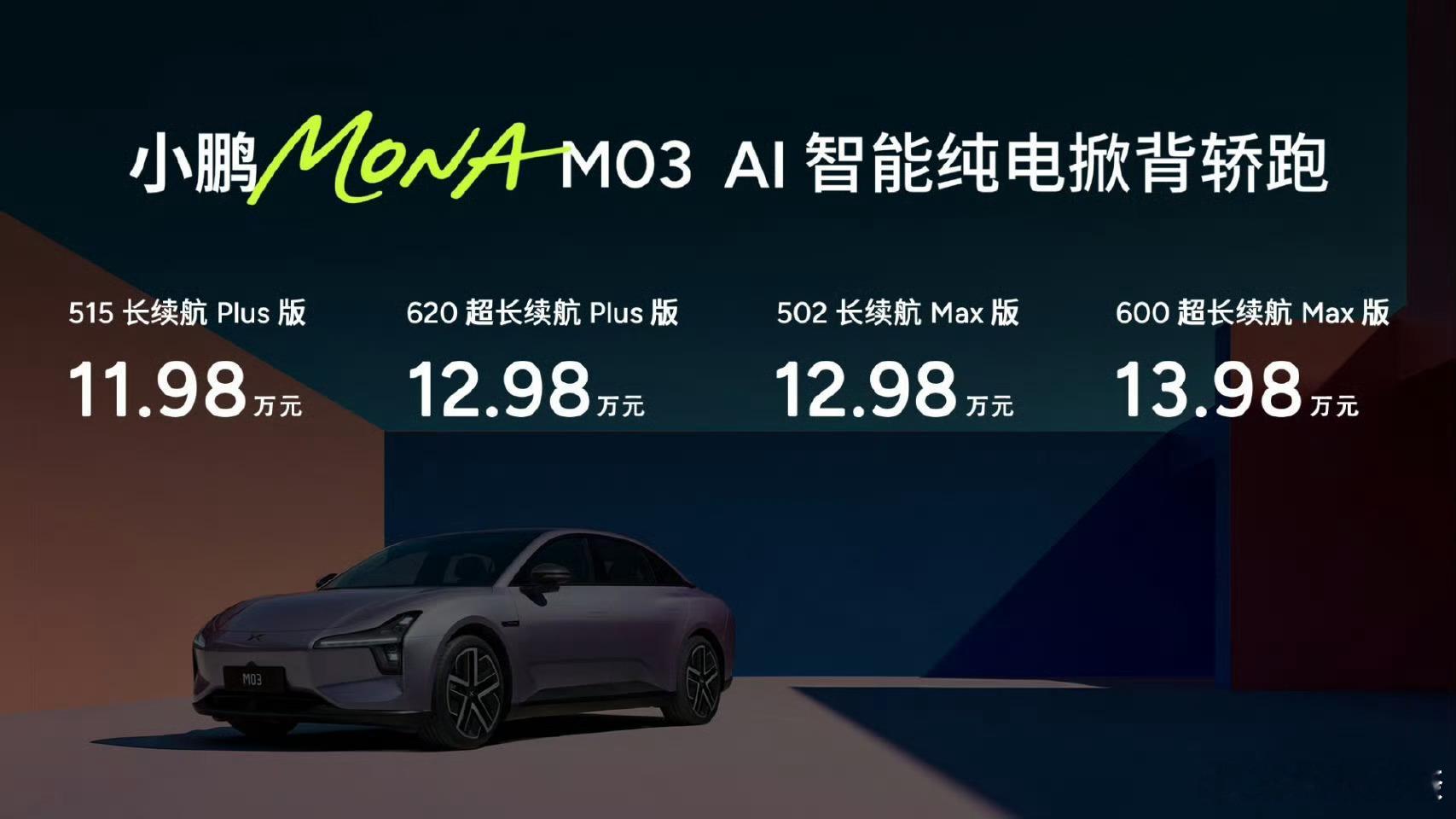 小鹏这波确实有够狠！小鹏MONA价格Max版12.98万起！Plus版11.98