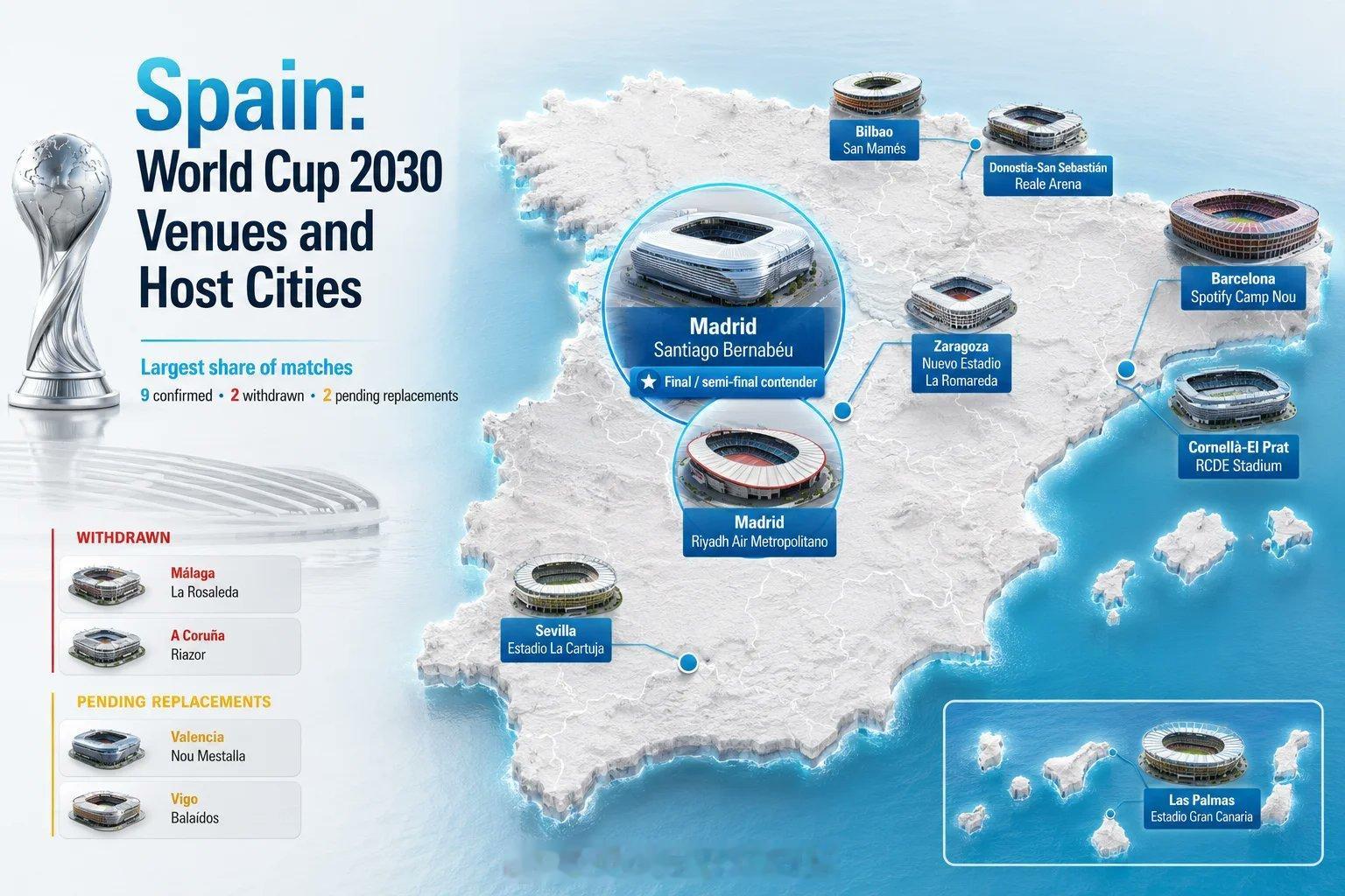 由西班牙、葡萄牙、摩洛哥三国合办的2030世界杯，一共有20个球场负责承办比赛。