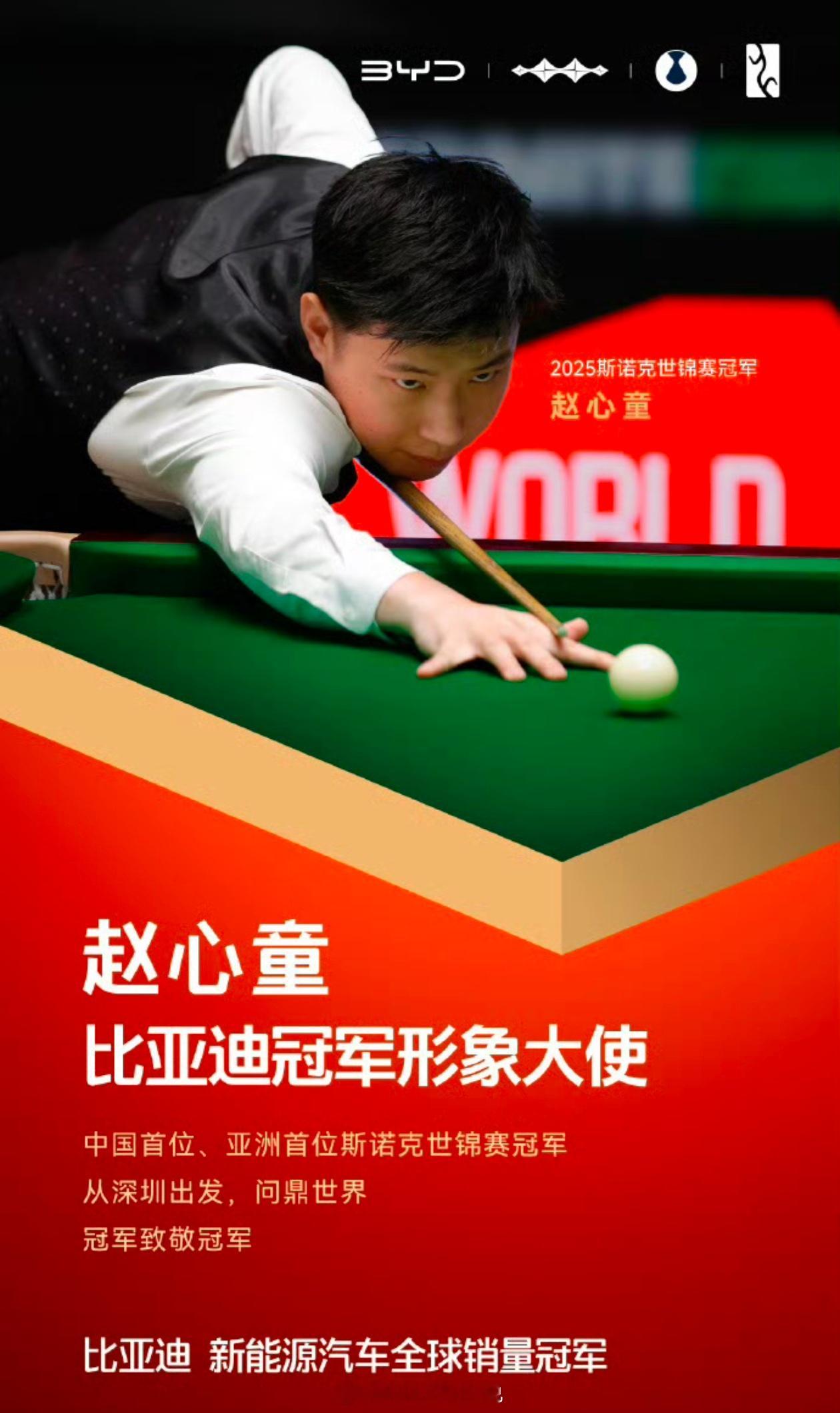 两个冠军之间的相互致敬，比亚迪宣布“赵心童成为比亚迪冠军形象大使”！赵心童前不久