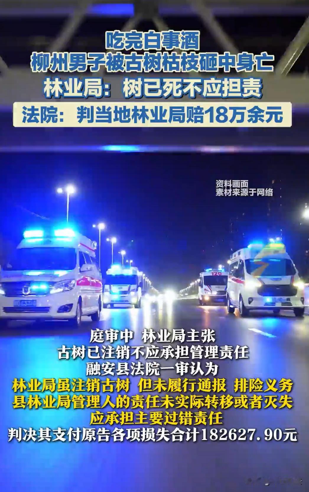 广西柳州，一个村民吃完白事酒往家走，经过村里那棵挂了牌的老古树时，一根枯枝突然砸