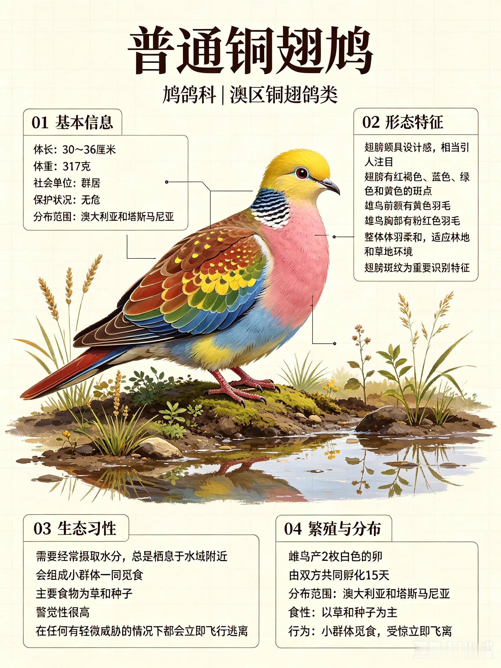鸟类朋友图鉴 普通铜翅鸠体长：30~36 厘米体重：317 克社会单位：群居保护