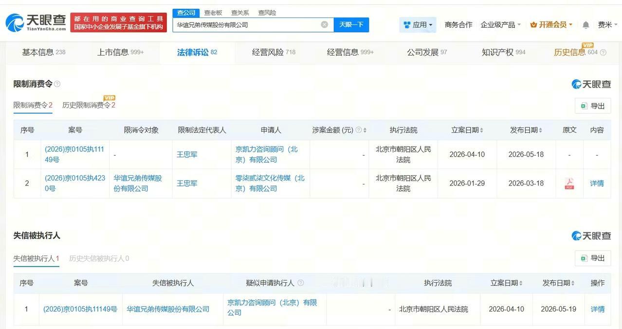 【华谊兄弟因60万案款成老赖 华谊兄弟因60万案款被限消】
天眼查法律诉讼信息显