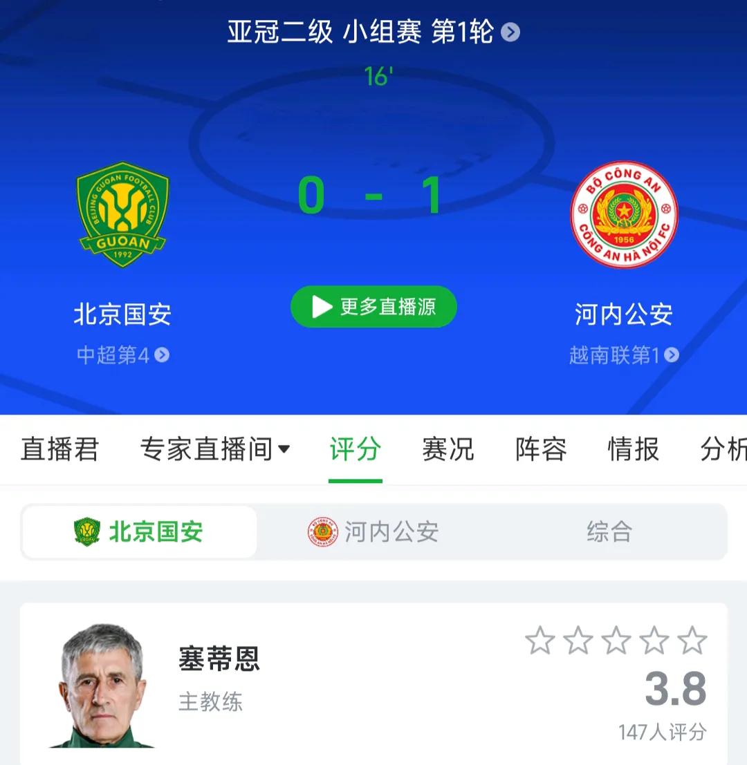 没想到北京国安主场踢个越南联赛球队都能落后。
中超球队打不过日韩联赛球队，可以说