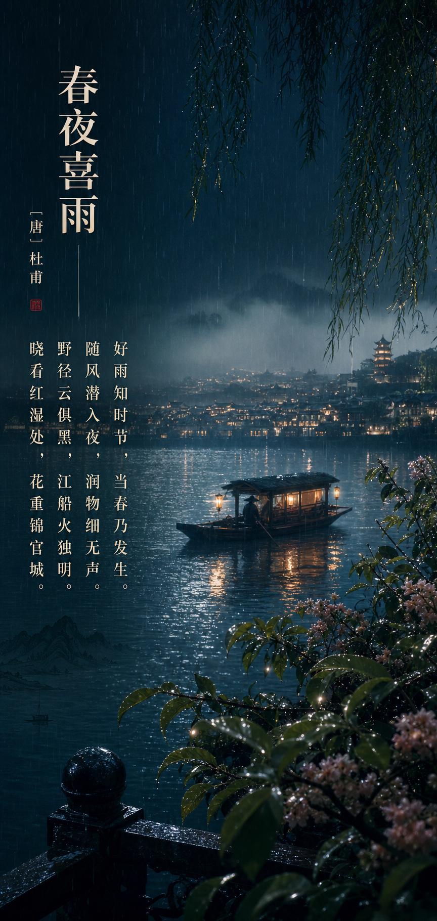 春夜喜雨 【唐】杜甫晓看红湿处，花重锦官城。野径云俱黑，江船火独明。随风潜入夜，