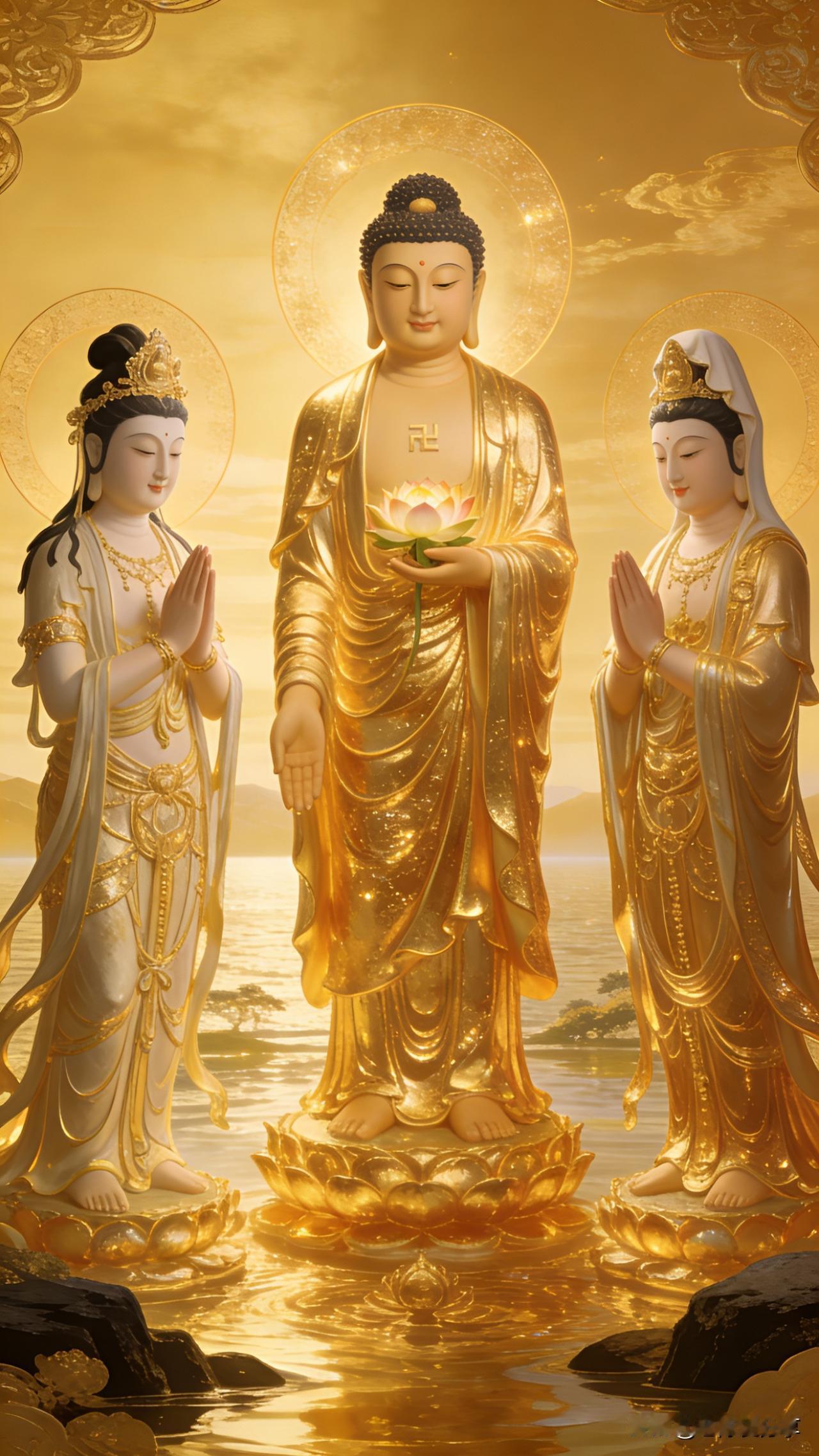 西方三圣赞

金光闪闪立莲台，
佛手拈花笑颜开。
左右菩萨齐合十，
普度众生福运