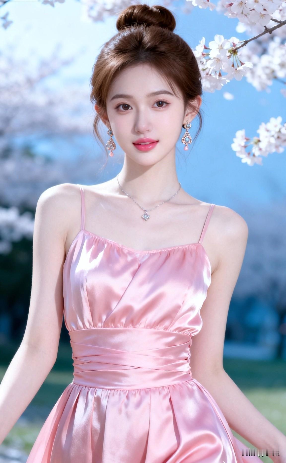 樱花树下，粉裙少女，春日浪漫气息扑面而来🌸💗