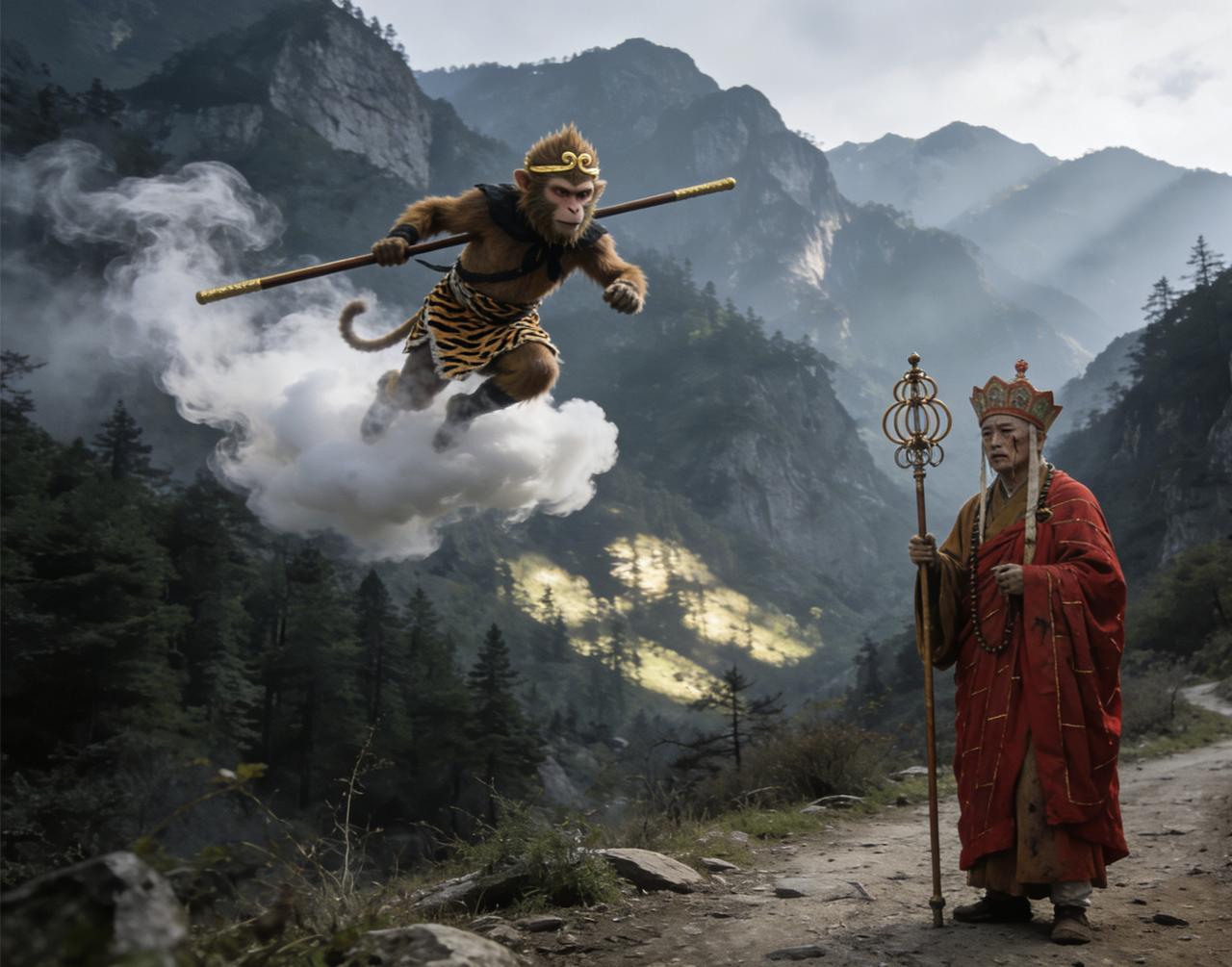 孙悟空第一次化斋
唐僧西去取经，途中收了孙悟空为徒。行至深山，唐僧肚子饥饿，便让