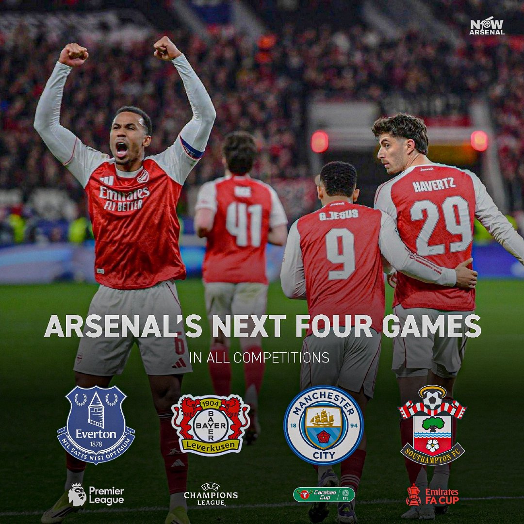 阿森纳接下来的四场比赛将分别来自四个不同的赛事，每一场都是决赛！英超联赛 欧冠 
