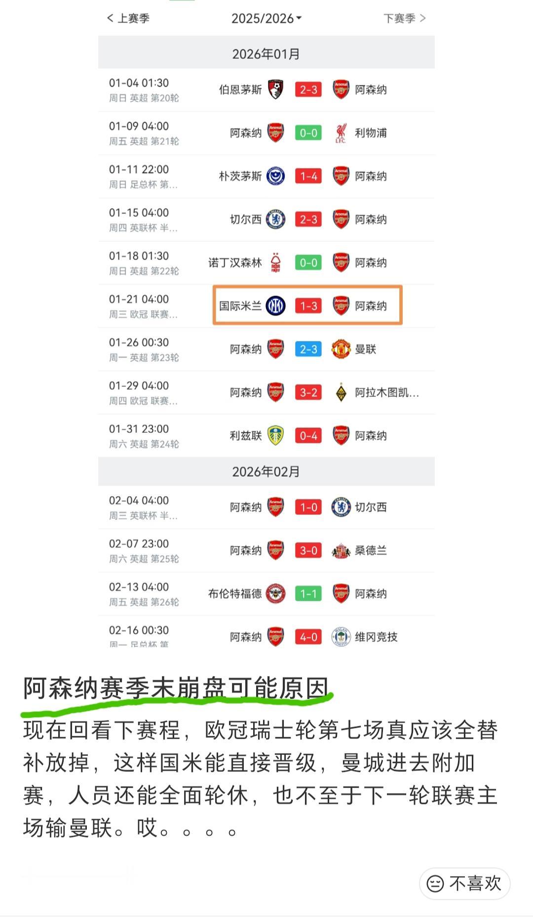 阿森纳球迷复盘球队三四月份崩盘的原因，已经追溯到比较久远的一月份欧冠小组赛打国米