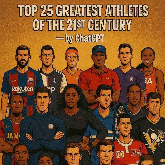 ChatGPT评出了21世纪世界体坛最伟大的25名运动员，排名前十分别是：1.博