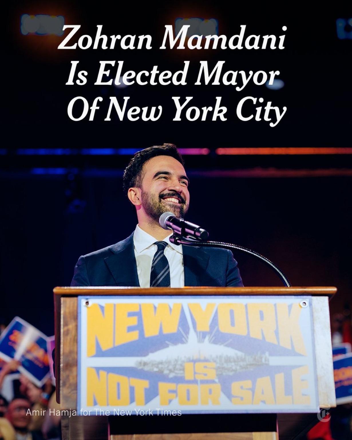 来自皇后区的34岁州议员佐兰·马姆达尼胜选成为纽约市第111任市长。他将成为纽约