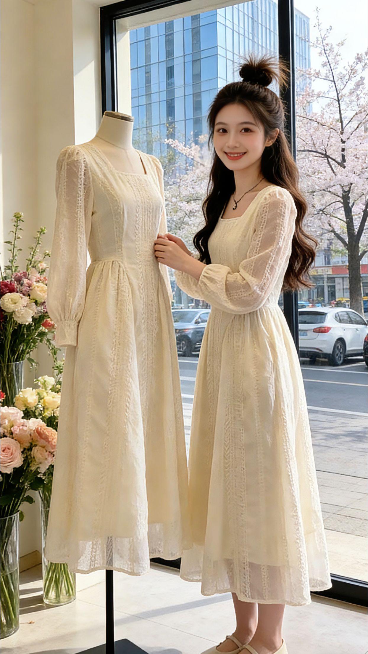 Danny的早秋衣橱里，这件复古蕾丝连衣裙是心头好。奶杏色自带柔光滤镜，重工提花
