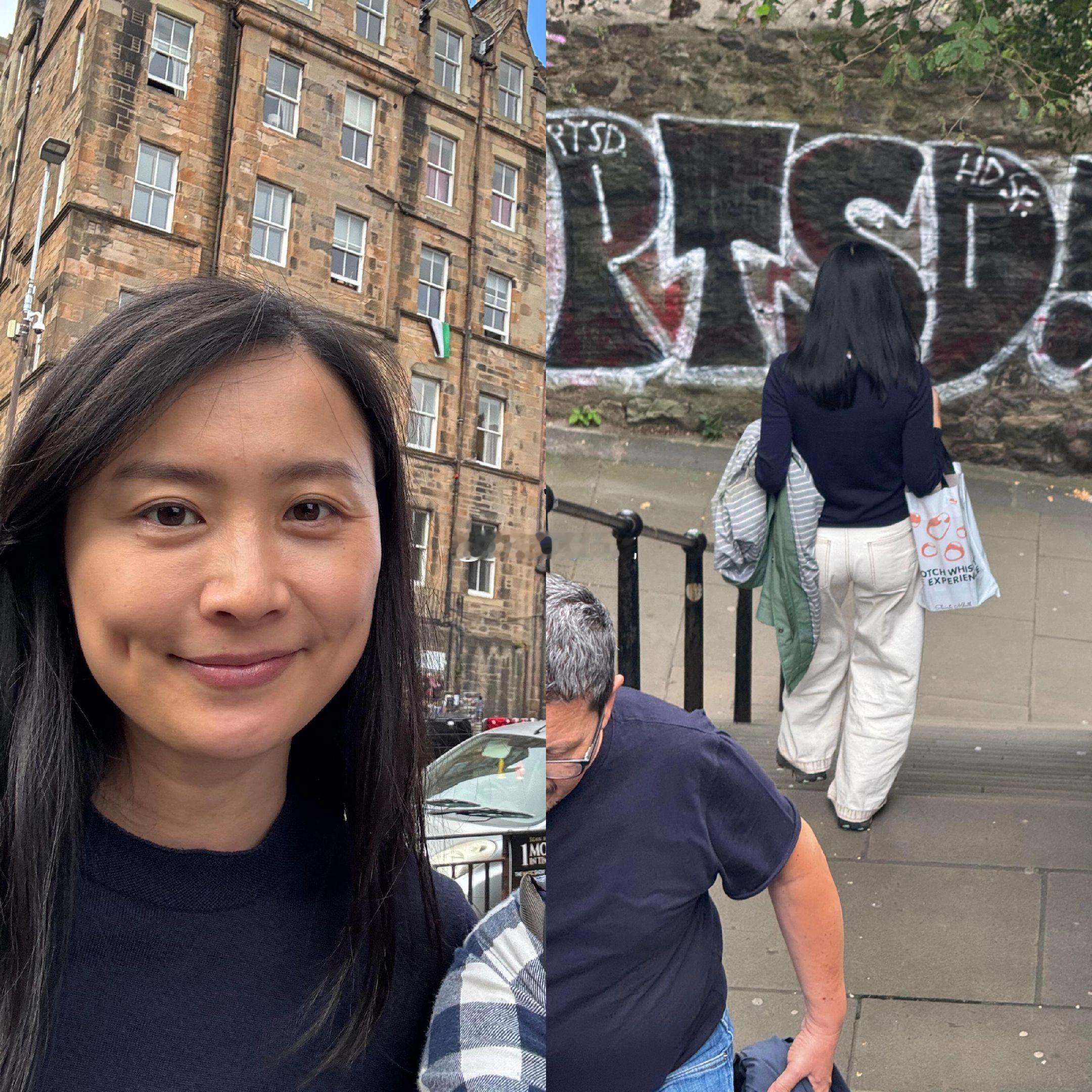 爱丁堡偶遇陈法拉。网友在英国街头遇到港星了，陈法拉素颜露面，本人依然非常漂亮，穿