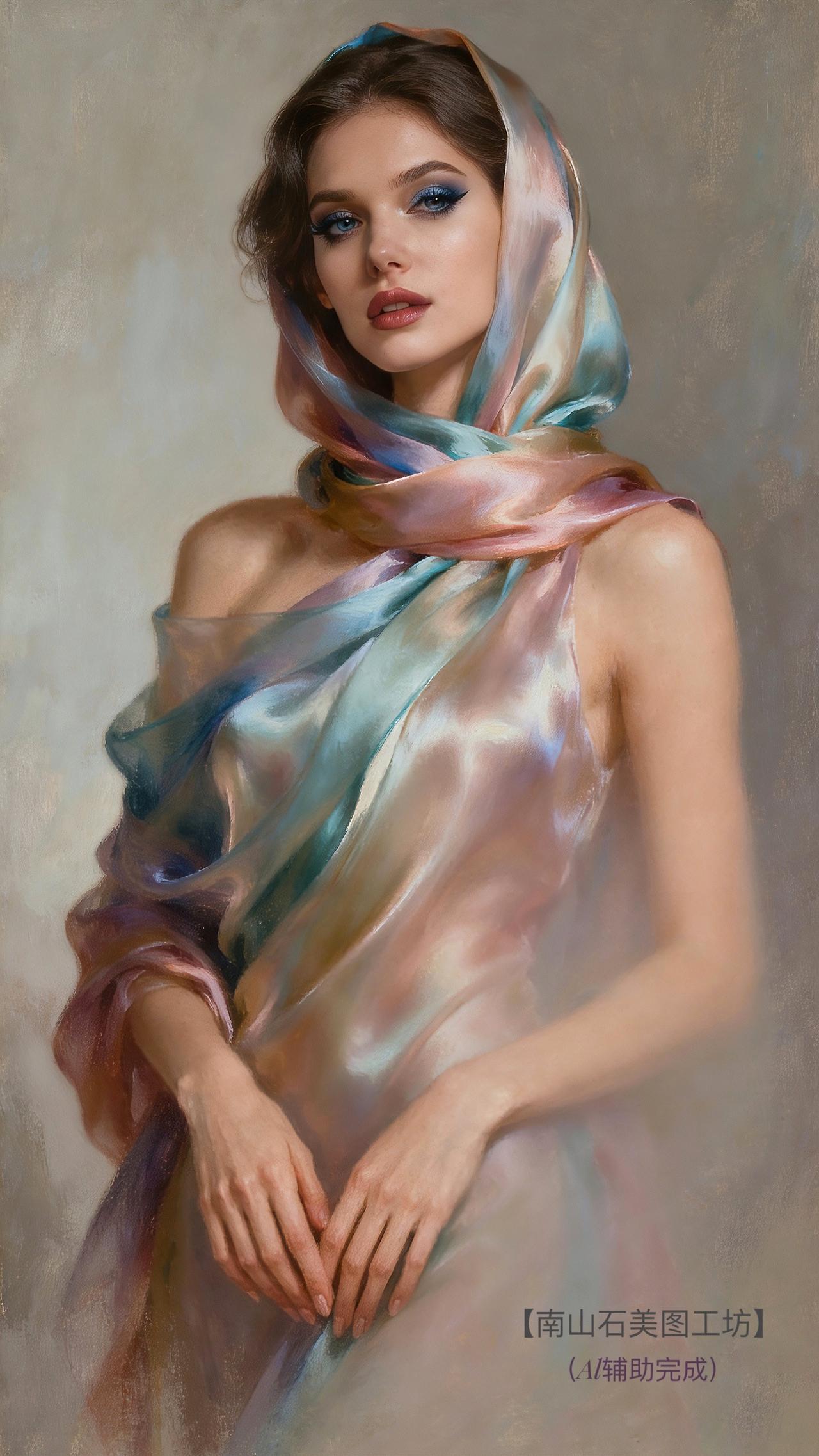 幻彩丝巾似流霞绕身，裸肩柔若春枝，明眸盛星，指尖凝露。朦胧画境里，她是优雅与璀璨