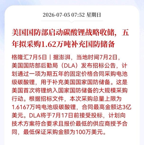 好消息！重大利好消息！
碳酸锂行业迎重大利好消息！
美国国防部启动碳酸锂战略收储