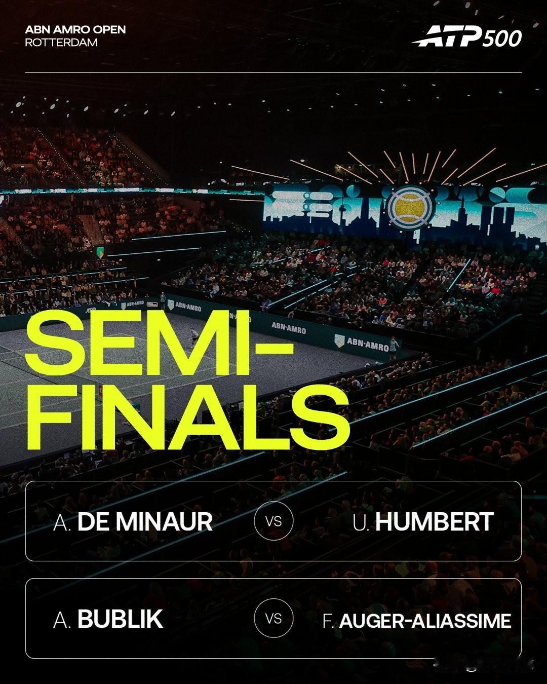 ATP500鹿特丹半决赛预告
✅22：00，🇦🇺德米纳尔vs安贝尔🇫🇷