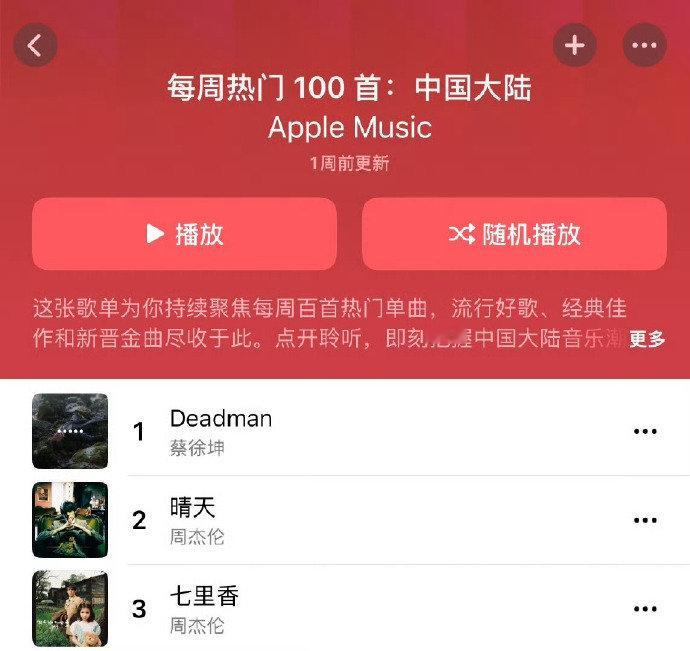 蔡徐坤新歌登顶AppleMusic周榜恭喜蔡徐坤新歌《Deadman》登顶周榜热