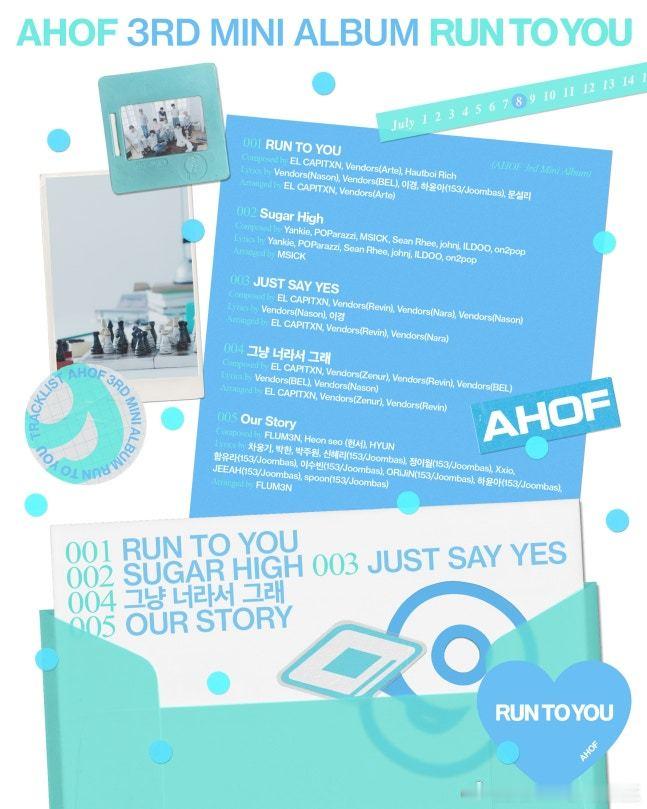 男团AHOF 迷你三辑《RUN TO YOU》将于7月8日发行，曲单公开。 