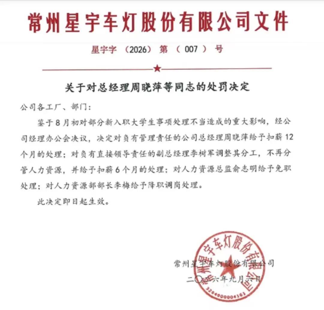 星宇股份风波后续：总经理扣一年工资，可网友还是不买账？
那个被免职的人力资源总监