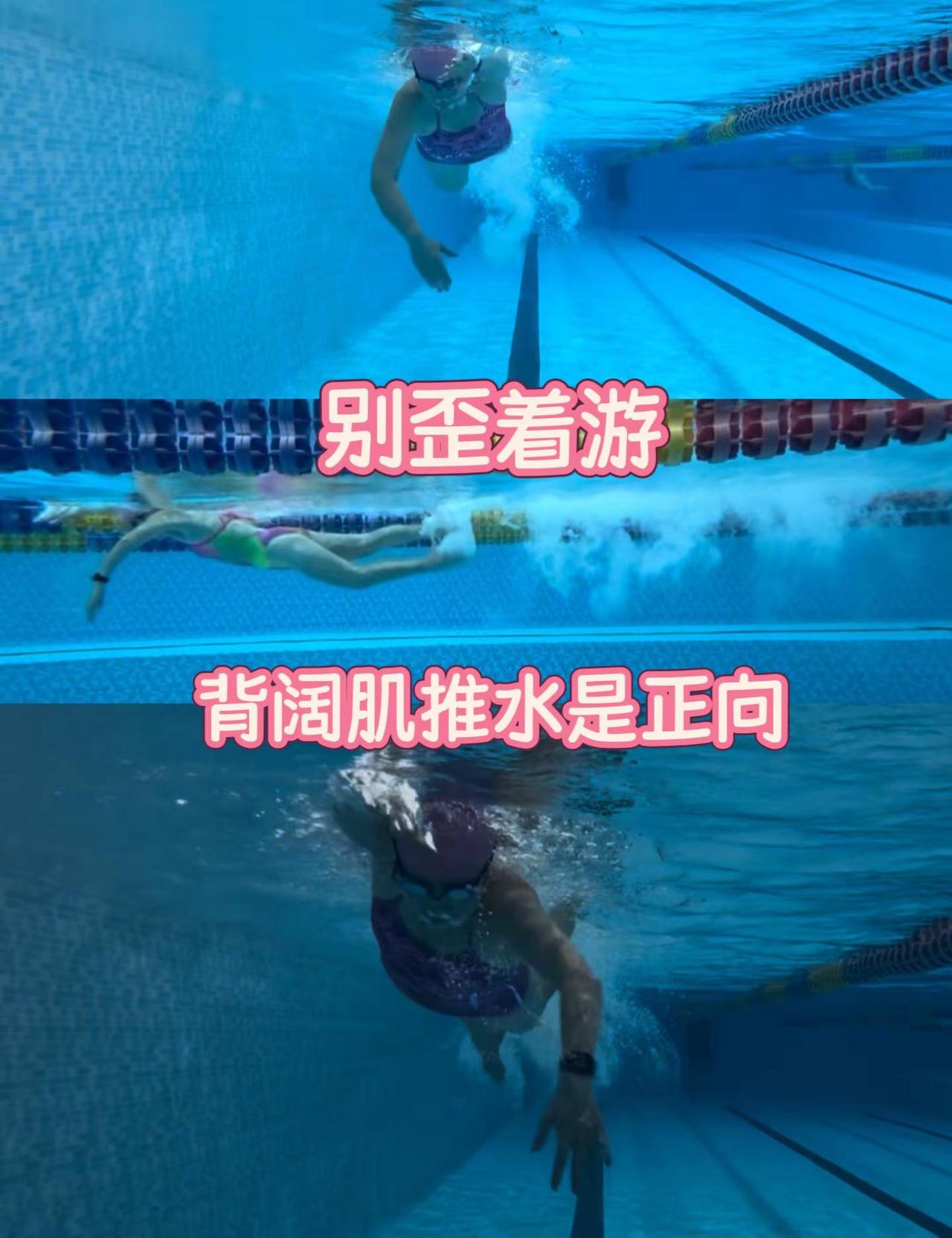 肩髋反转上下肢平衡，别歪着游。背阔肌发力开始推水是正向。