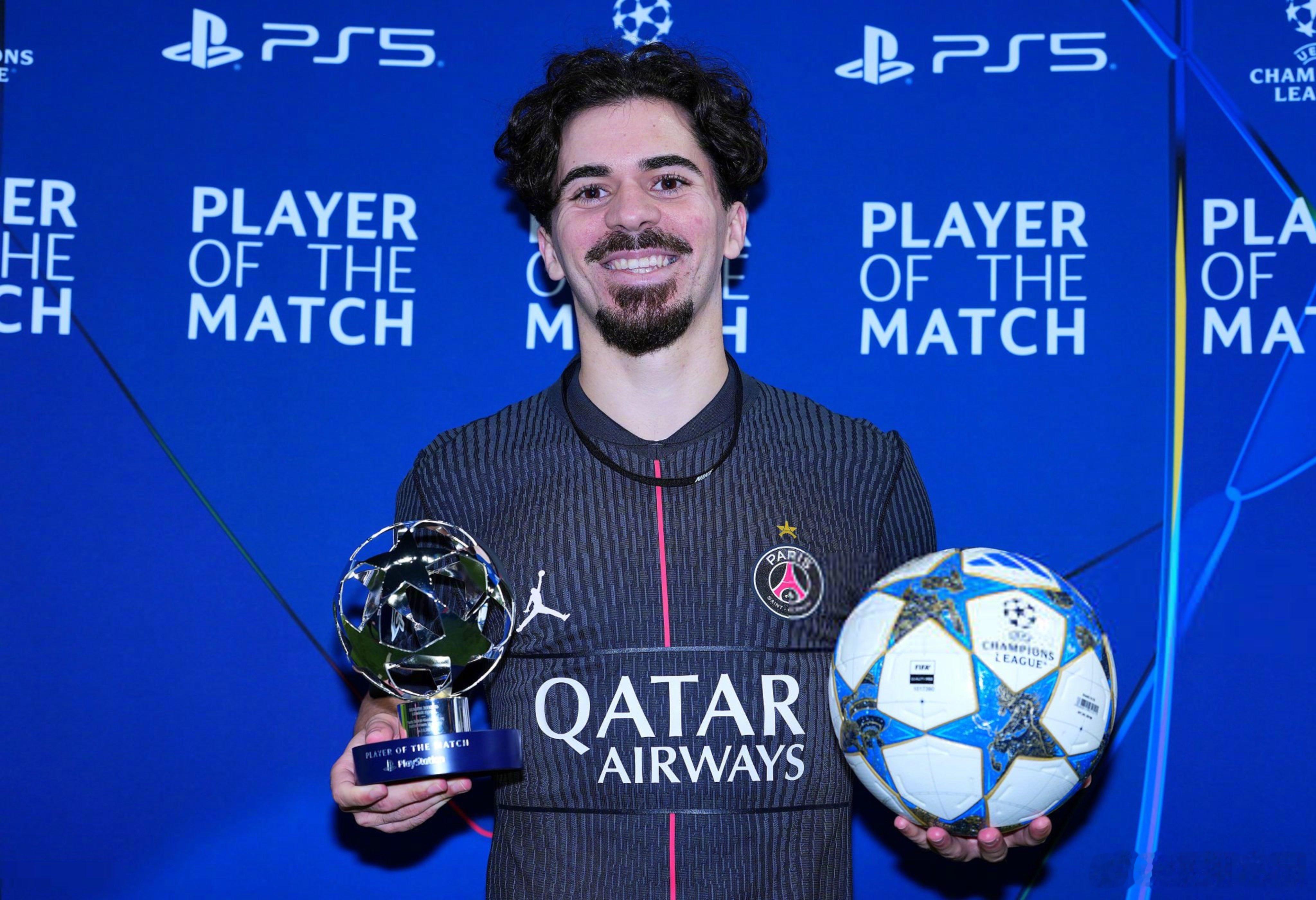 【巴黎的维蒂尼亚当选欧冠决赛最佳球员！】出场105分钟，传球150次，成功141