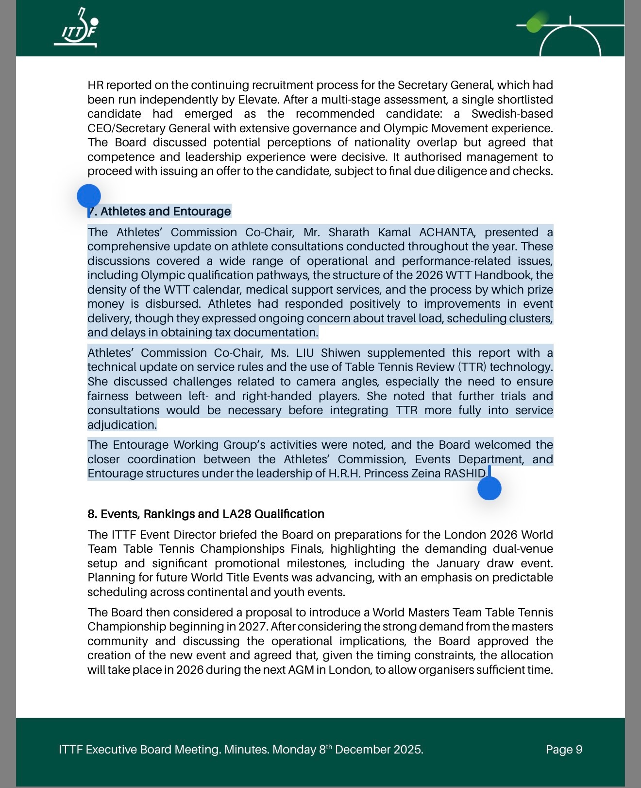 2025.12.8国际乒联执委会议报告节选运动员们对赛事组织水平的提升给予了积极