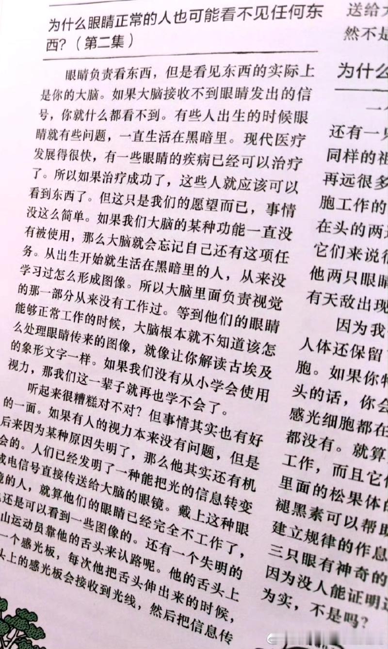 眼睛负责看东西，但是实际上在看东西的是你的大脑。有一些从小就因为眼睛有问题而失明