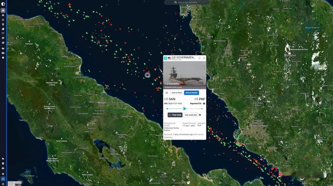 美军林肯号航母战斗群正在穿越马六甲海峡。按目前航速，预计周六到达可以发起攻击的战