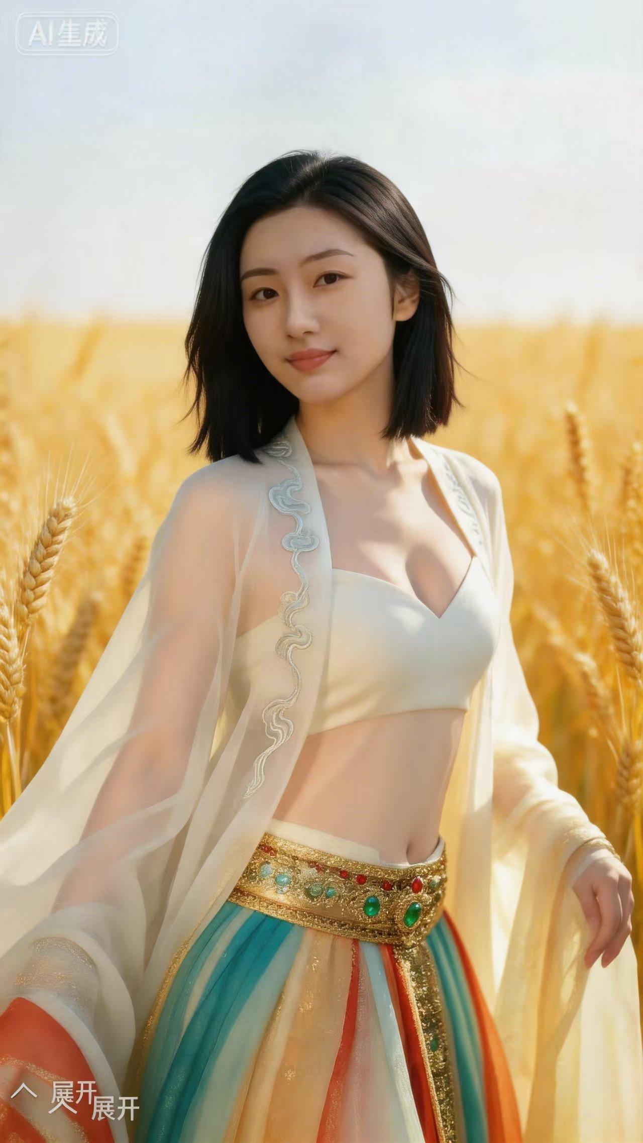 麦田美女写真
万顷金波涌麦香，
仙裙漫卷沐晴光。
 无情邂逅万顷浪，
轻纱随风任