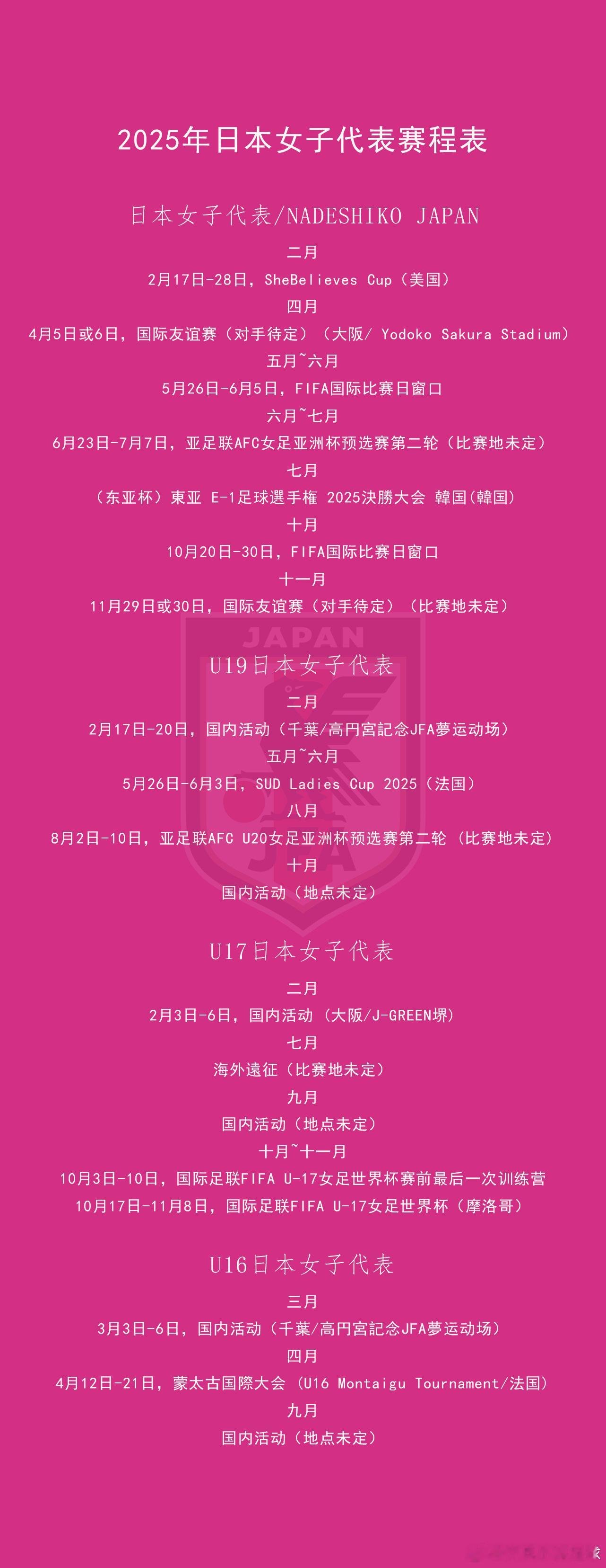 2025年日本女子代表赛程表 二月2月17日-28日，SheBelieves C