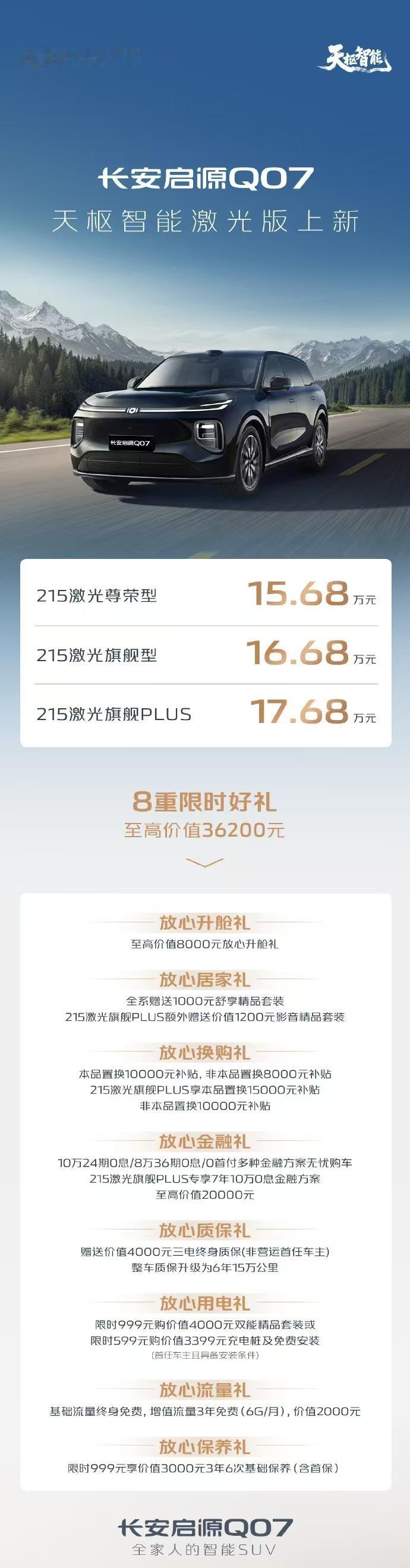 车盟快讯：年度家用爆款上新，长安启源Q07天枢智能激光版正式上市，新车作为新增版
