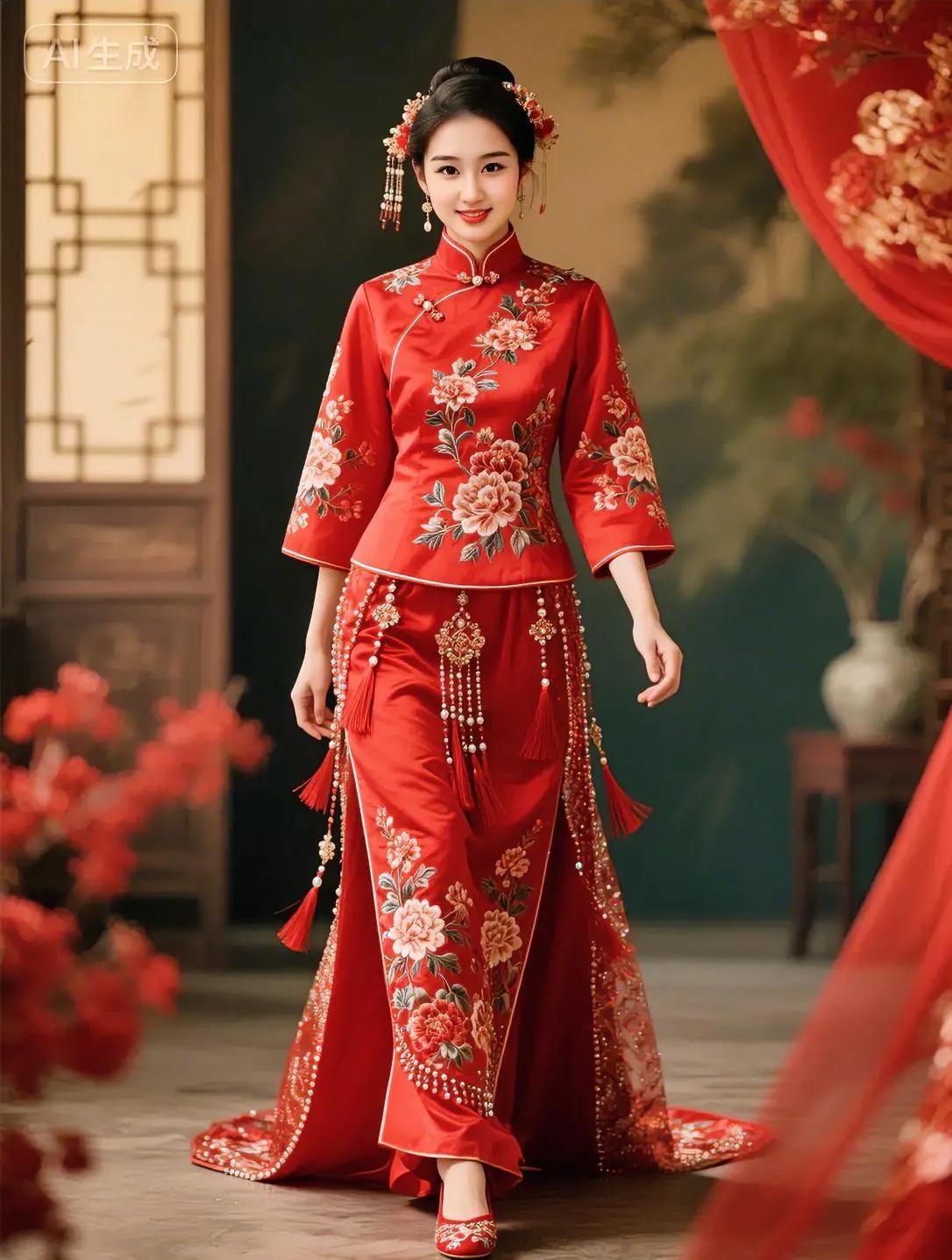 当新中式剪裁邂逅千年苏绣，这抹正红便有了流动的生命力。高定缎面之上，牡丹缠枝以金