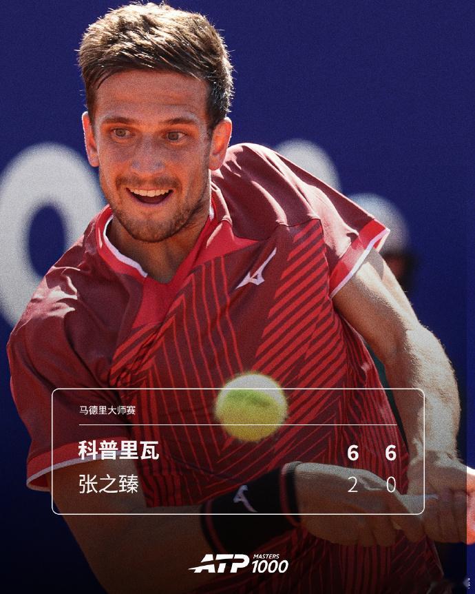 张之臻止步马德里站首轮 ATP马德里大师赛，张之臻2-6、0-6不敌科普里瓦，止