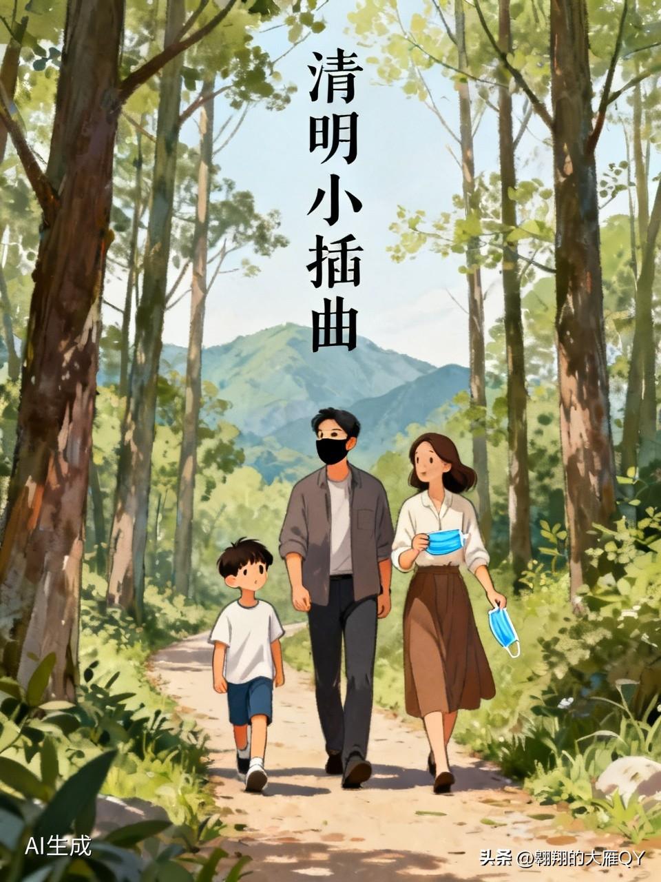 看来这位爸爸也没有考过100分
爸爸妈妈领着儿子去上坟，走到一片树林，眼看就要到