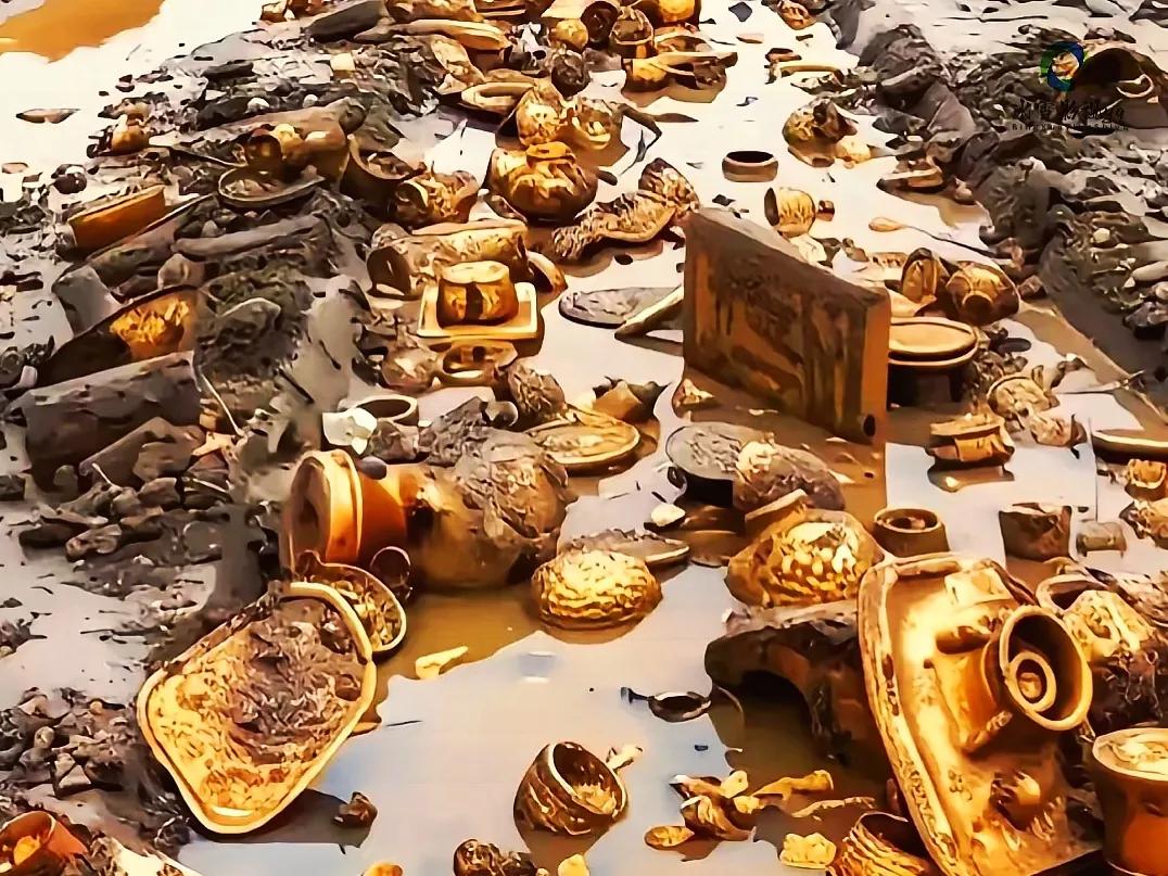 谁家的祖坟被洪水冲击了，遍地黄金！！

这遍地的黄金物品，谁看了都会怦然心动，想