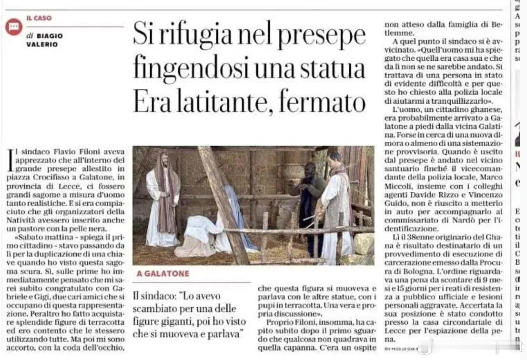 【意大利通缉犯藏身圣诞布景假扮雕像 市长路过“火眼金睛”当场识破】海外新鲜事 意