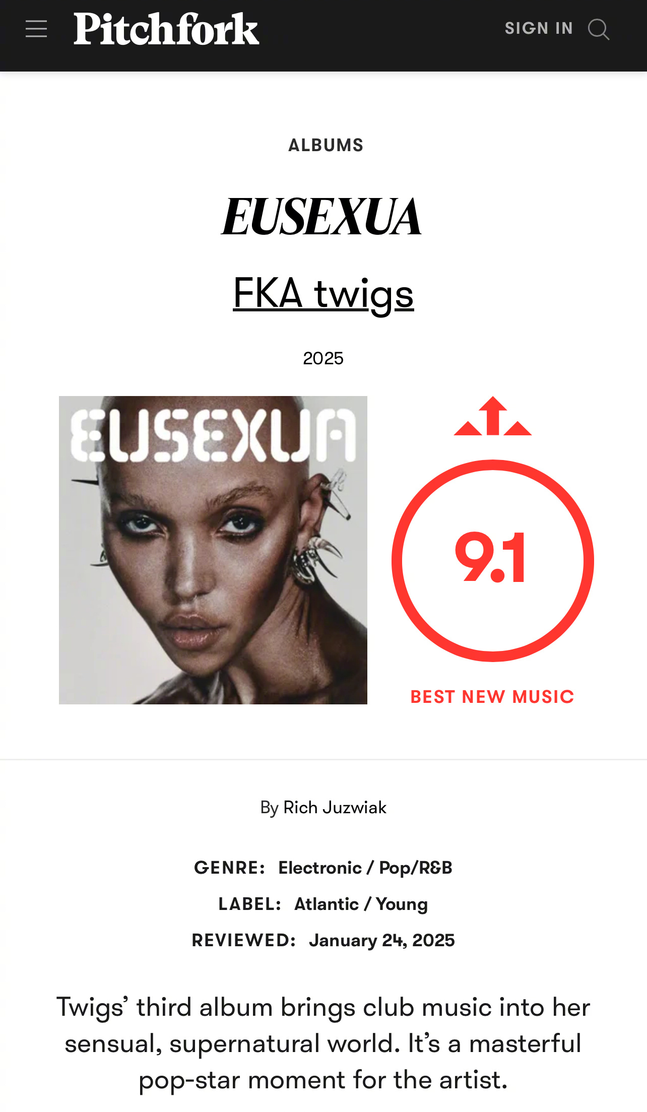 婊叉Pitchfork给小枝 FKA twigs 新专辑《EUSEXUA》给出了