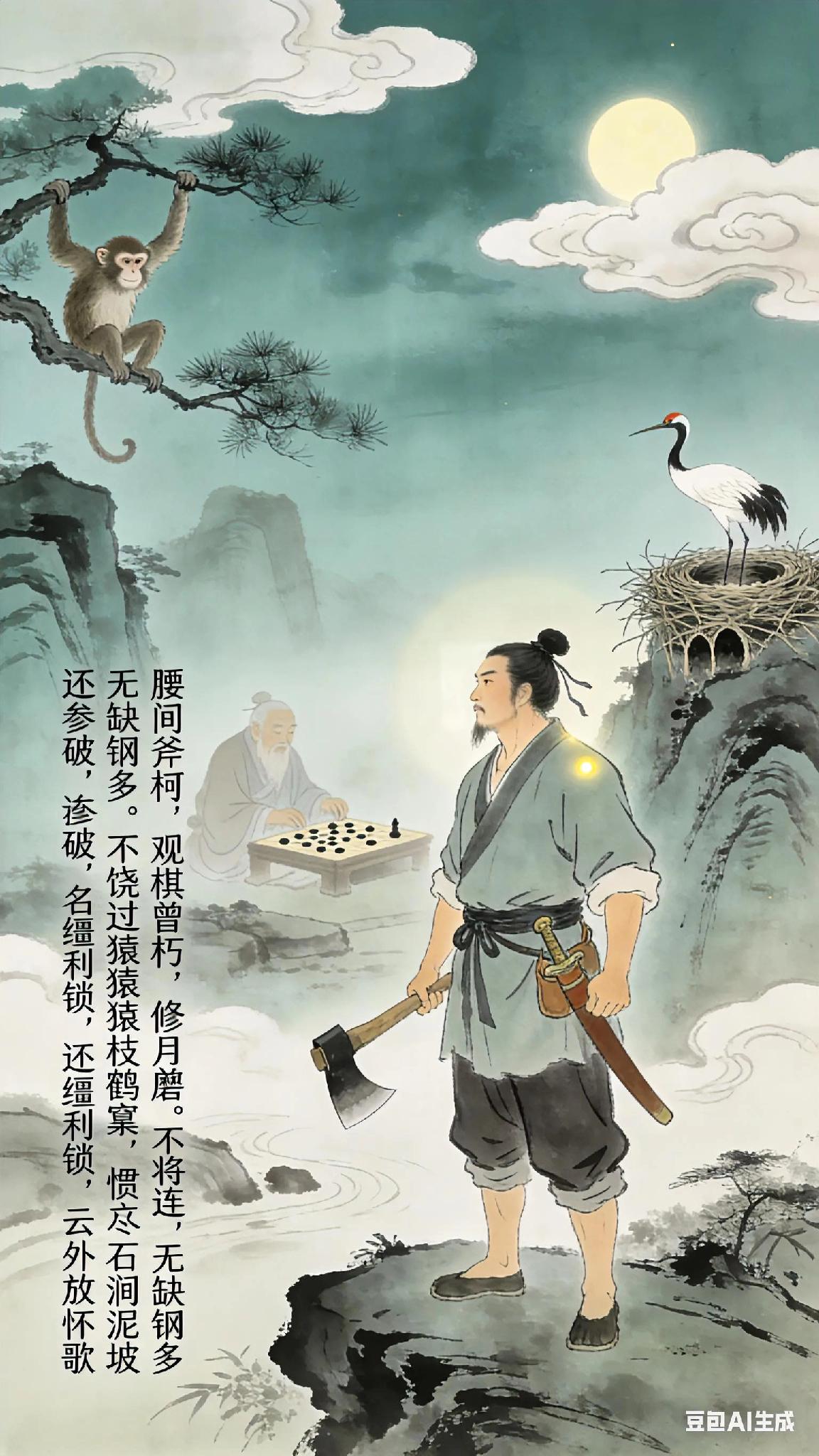 《中吕》满庭芳樵、赵显宏。
腰间斧柯，观棋曾朽，修月曾磨。

不将连理枝梢锉，无