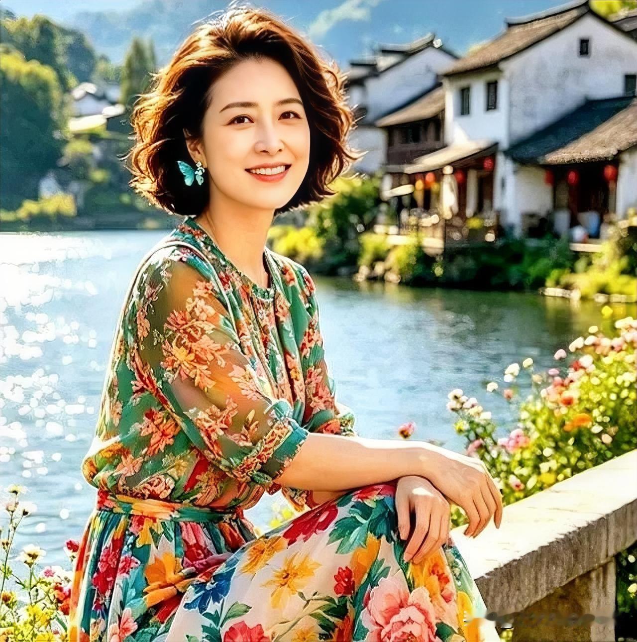 繁花裙裾摇曳水岸，黛瓦白墙作衬，明媚笑靥惊艳了江南时光。