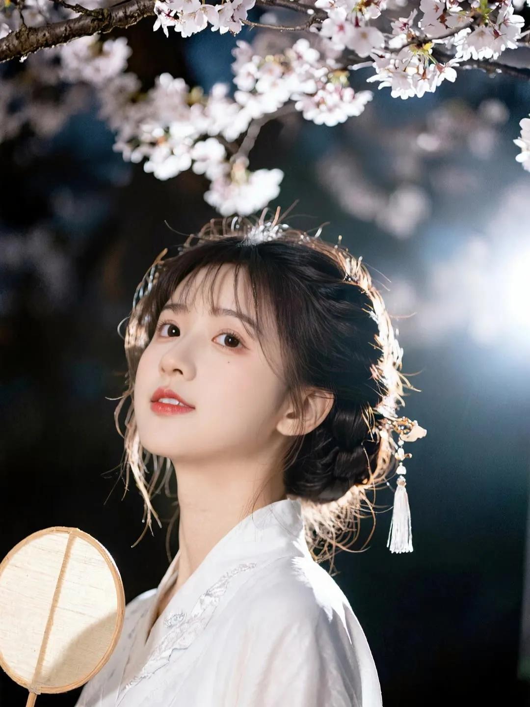 樱花树下，少女轻抚团扇，春意盎然。