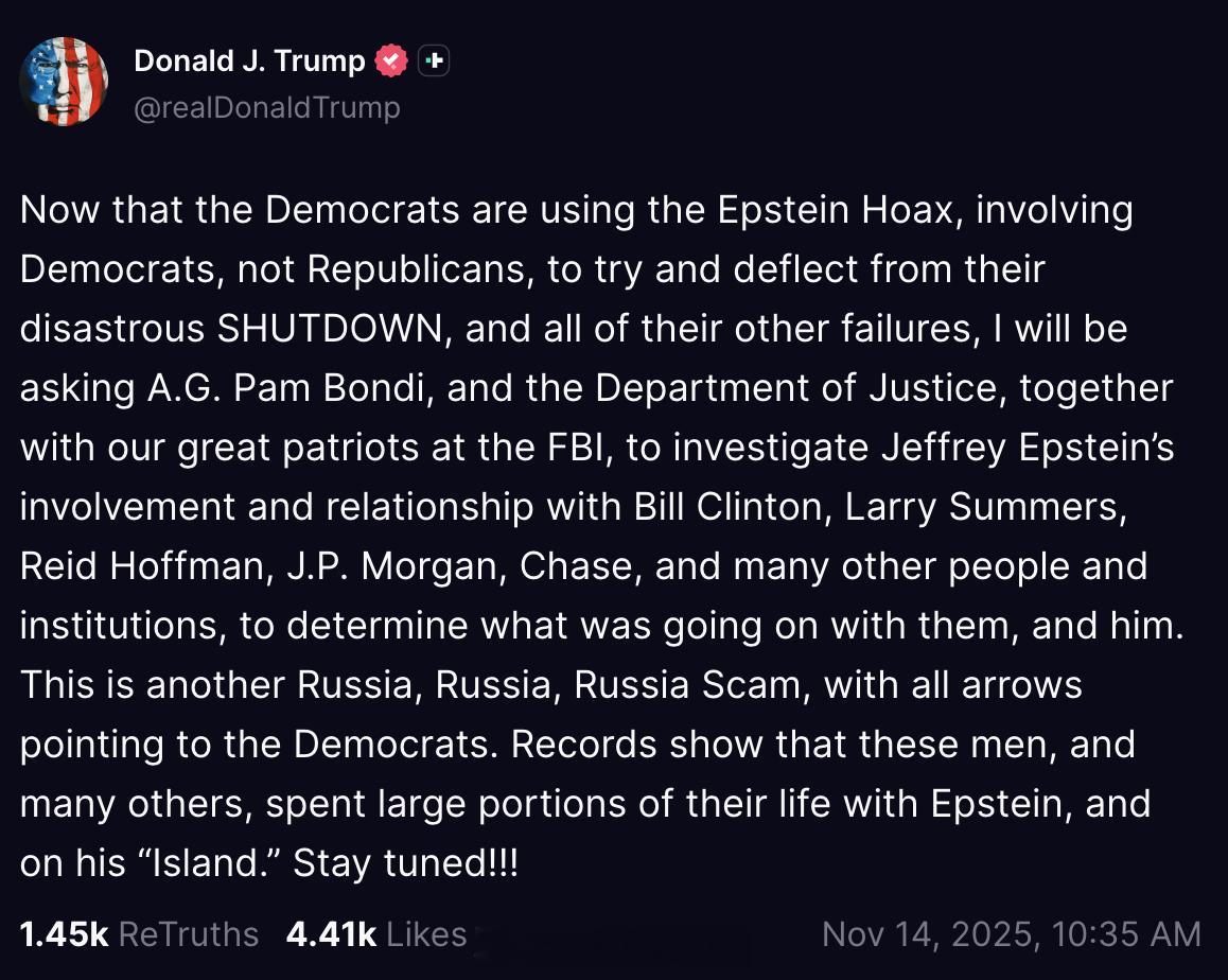川普让司法部调查民主党人和爱泼斯坦的关系：“既然民主党又开始炒作那个“爱泼斯坦骗