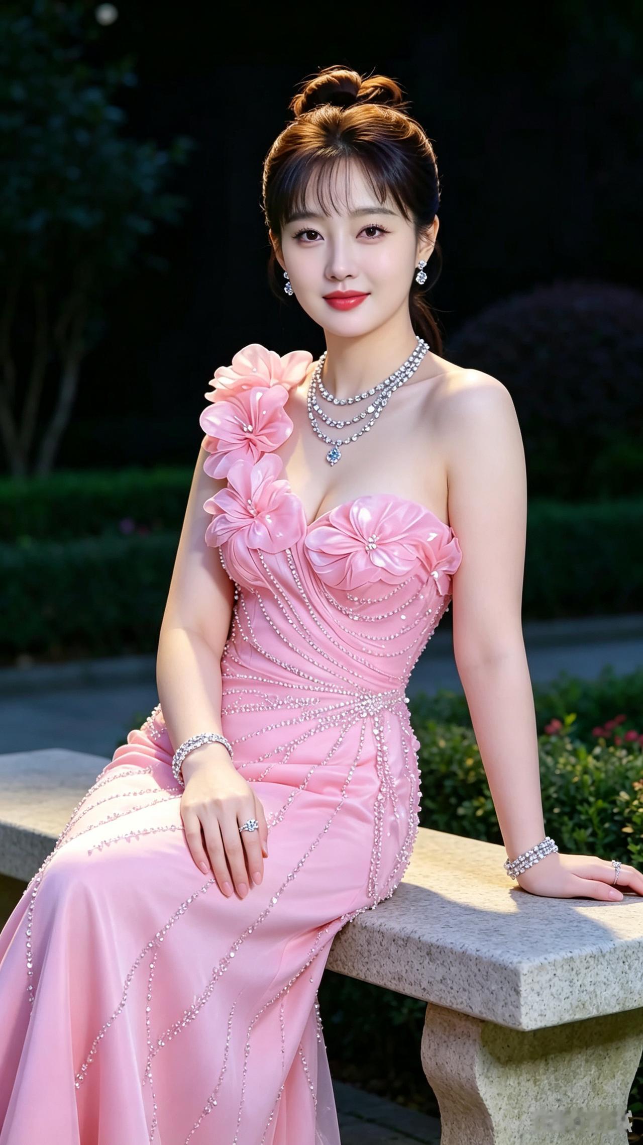 七言八句
粉裙镶钻绽芳华，高髻精巧宝饰嘉
妙借清颜融秀色，身姿绰约态无差
闲依石