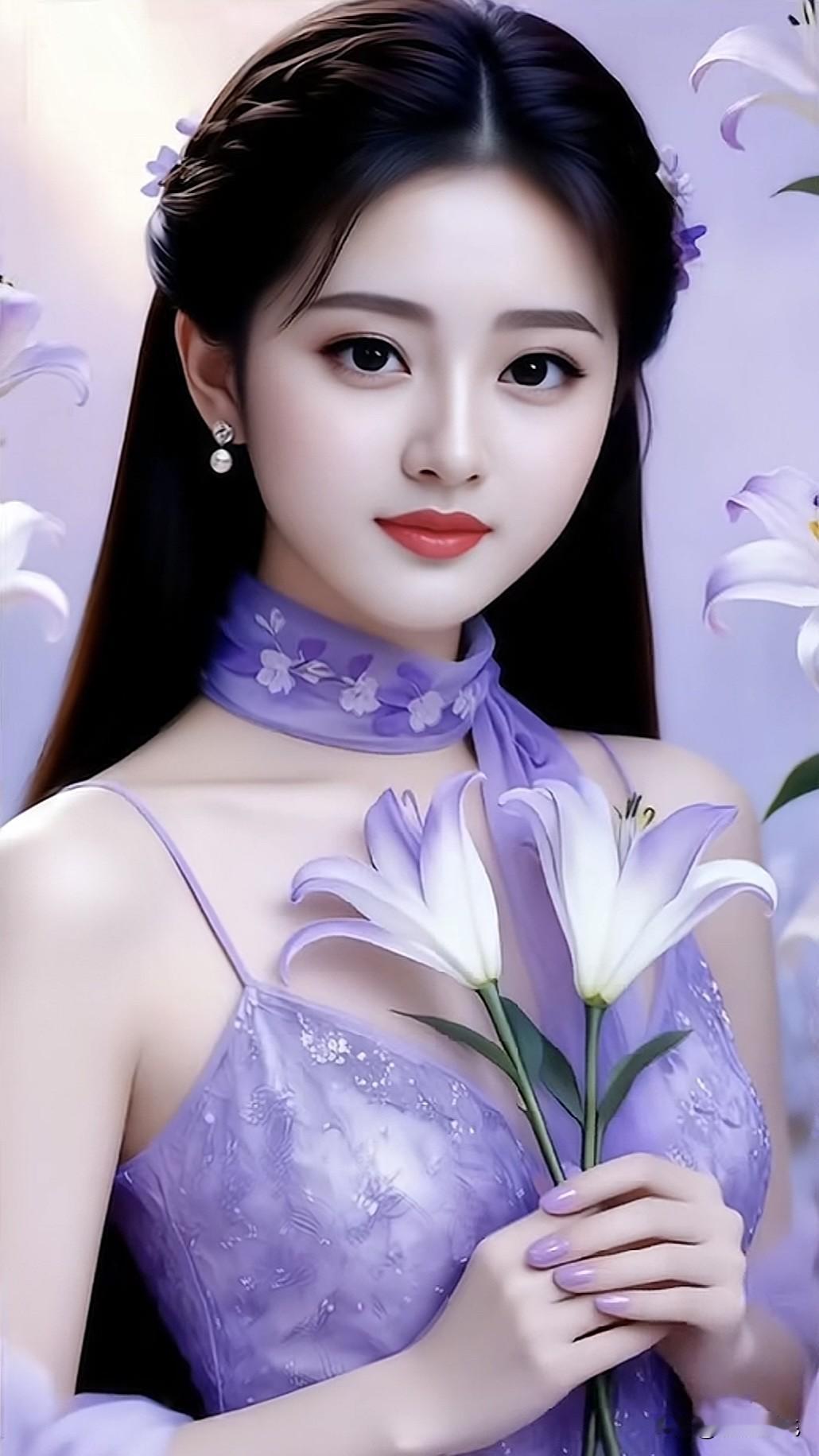 梦幻紫色花海中的优雅少女，手持百合，唯美动人。紫色花海少女 粉紫重瓣百合 紫色梦