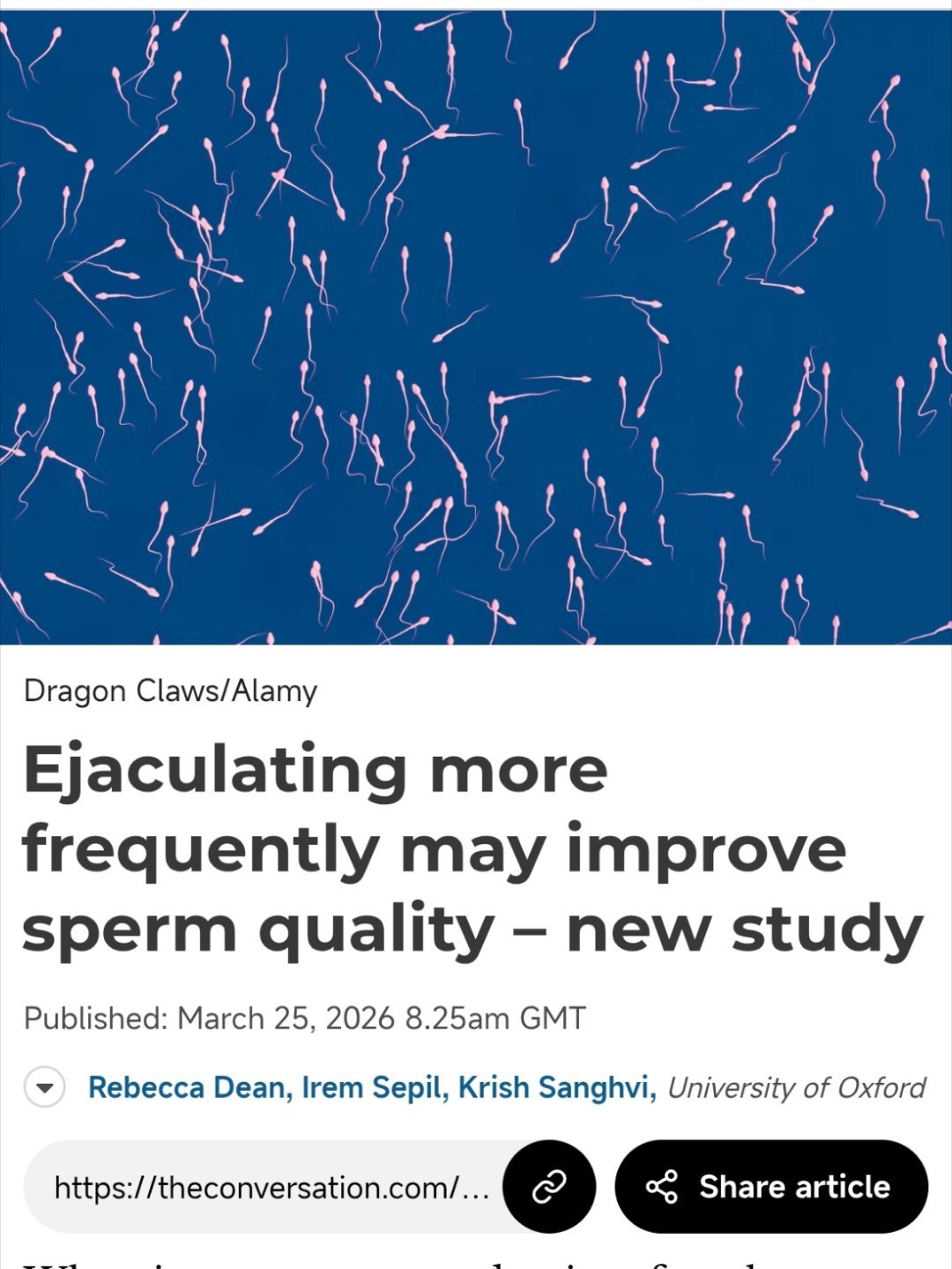 男性朋友看过来！规律地射精让你的精子质量更佳！DNA损伤更少。假如正在备孕可以参