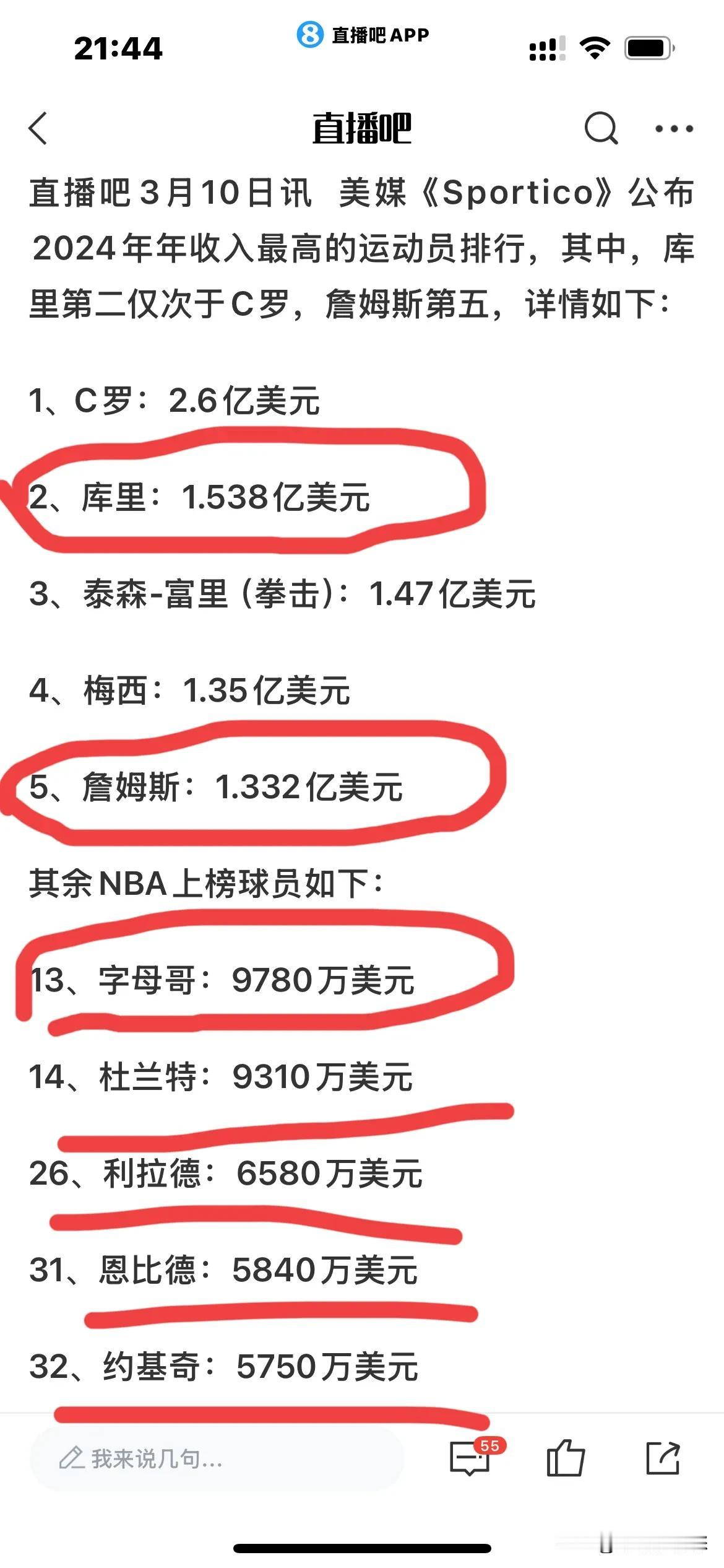 1.538亿美元，这是库里在2024年度的个人收入，排在体育界的第二名，仅次于足