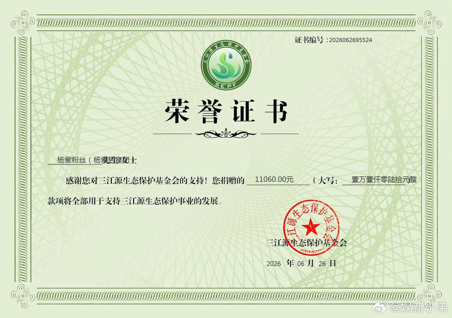 杨紫粉丝为三江源捐款11060元杨紫白玉兰视后杨紫获得白玉兰视后，同样杨紫粉丝的