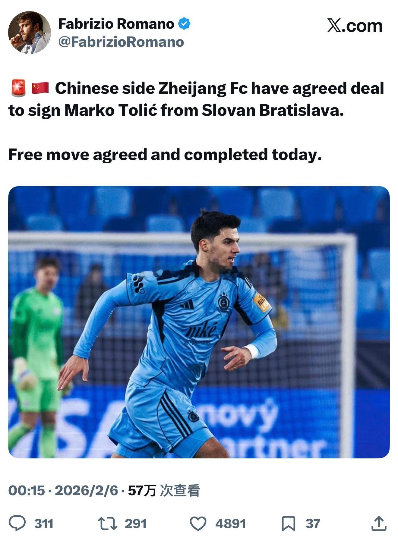 浙江俱乐部从斯洛伐克联赛布拉迪斯拉发俱乐部签下其中场核心托利奇。罗马诺上一次报道